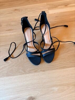 LOFT Black Lace-Up Open-Toe Heeled Sandals